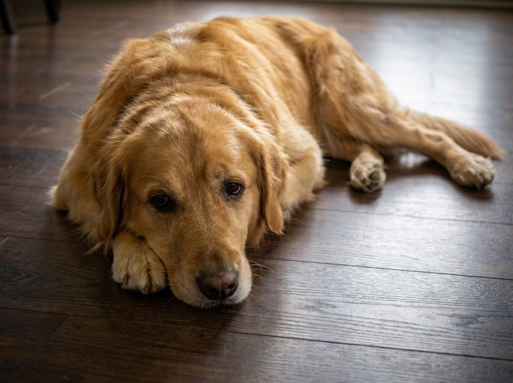 Golden retriever looking tired and worn out
