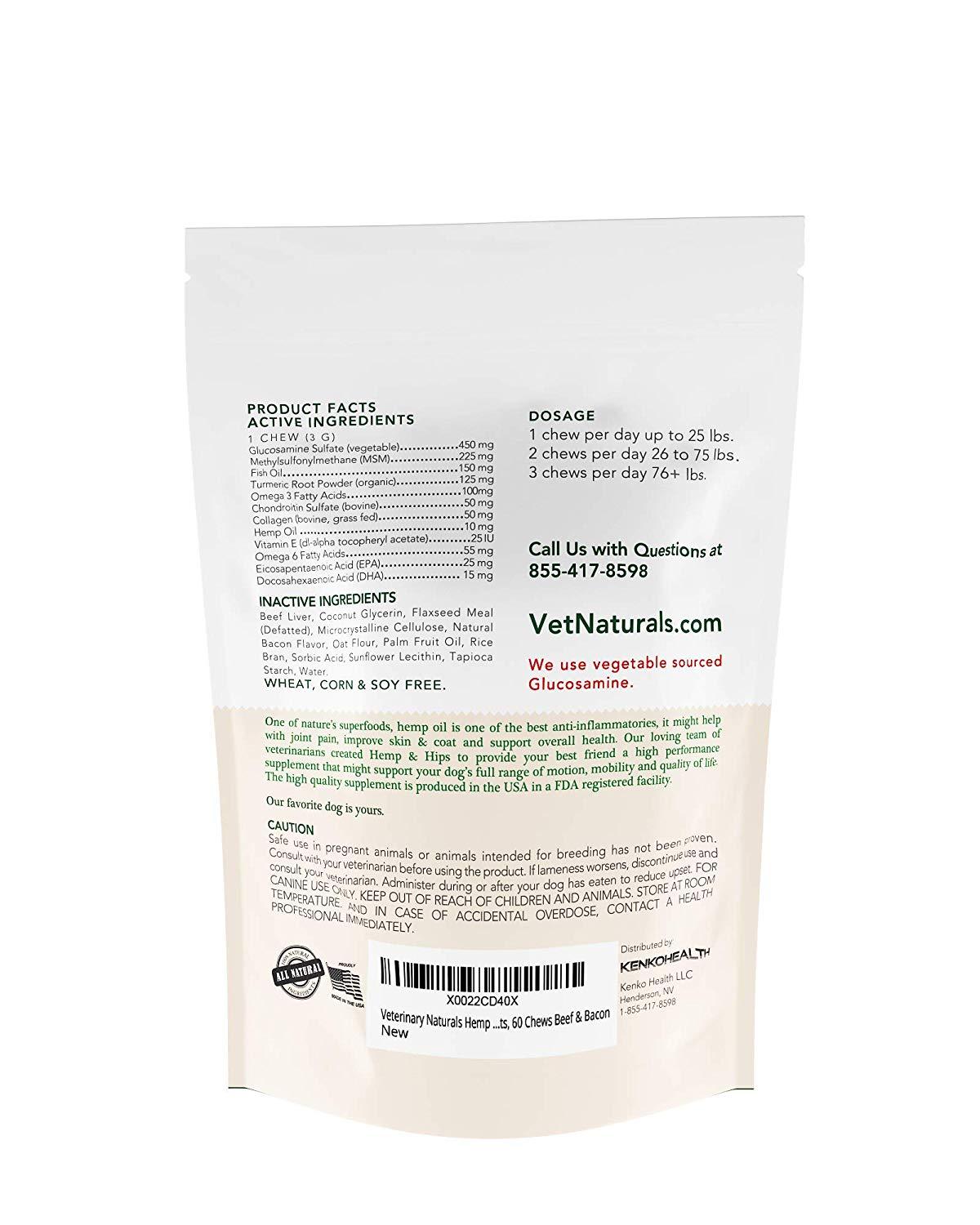 Close up on the ingredients of Vet Naturals Hemp & Hips for dogs.